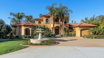 Obraz premium Luxury mansion with a grand entrance, fountain, and landscaped driveway.