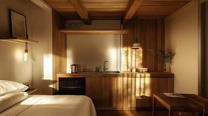 Minimalist studio apartment with stylish, multi-functional furniture.