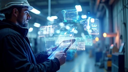 Industrial worker using tablet with augmented reality interface in factory. - Powered by Adobe