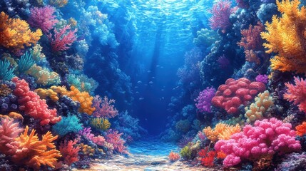 Naklejka premium Colorful Cartoon Underwater Coral Reef Ecosystem with Smooth Gradients