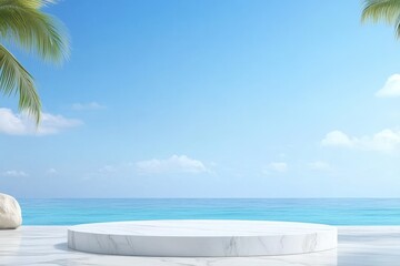 White marble table set against a vibrant tropical view with lush greenery and blue sky