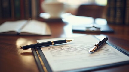 Fototapeta premium Real estate contracts and a fountain pen on a polished desk.