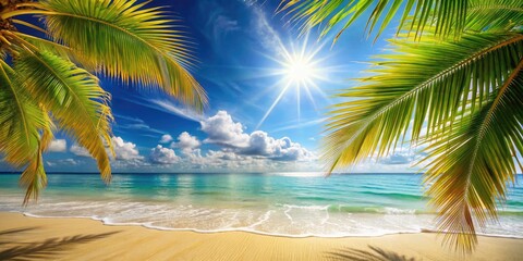 Obraz premium Summer Tropics Fashion Photography with Golden Beach, Sun Rays, and Palm Leaves - Vacation Vibes, Tropical Paradise, Relaxation, Nature, Scenic Beauty, and Copy Space for Creative Use