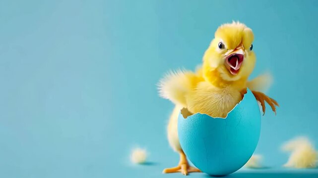 Funny little chick hatching from blue Easter egg. Vibrant Easter celebration video greetings card
