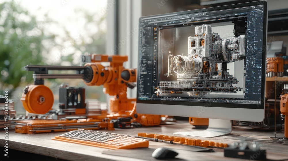 Poster 3d modeling workspace: robotic arm and advanced software