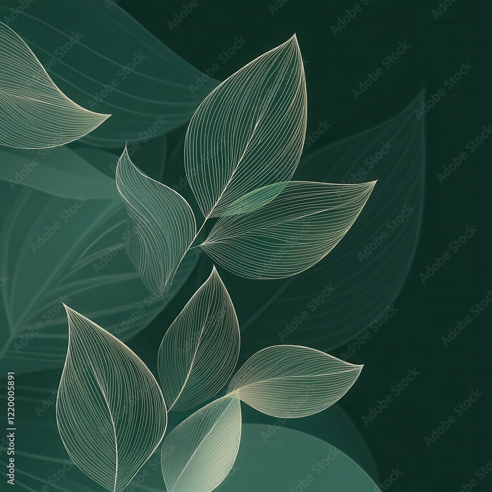 Poster elegant and serene botanical abstract with flowing leaf patterns in shades of green