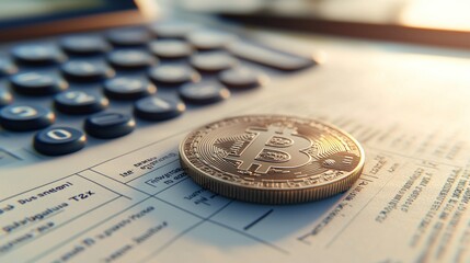 Bitcoin Currency with Calculator on Financial Documents Close Up
