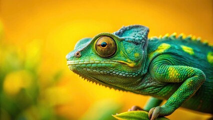 Obraz premium Tilt-Shift Chameleon Photography: Miniature Green Lizard on Yellow Background