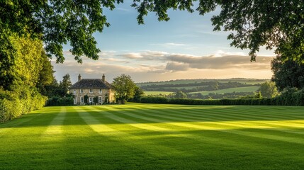 A beautiful green property with a charming cottage on wide, manicured lawns, framed by distant trees and hills under a soft, blue sky.