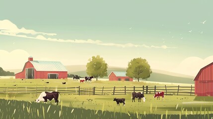A charming cartoon-style illustration of a countryside scene with cows grazing in a field, a red barn, and a blue sky.