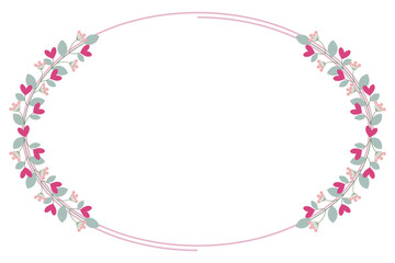 Oval Circle Borders Frame Or Wreath With Leaves And Love Pink Flowers