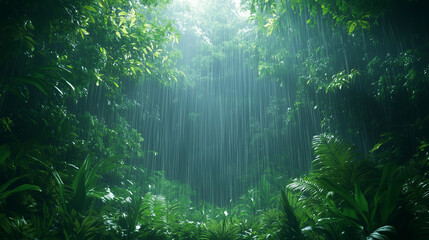 Naklejka premium Lush Rainforest Scene With Heavy Rainfall