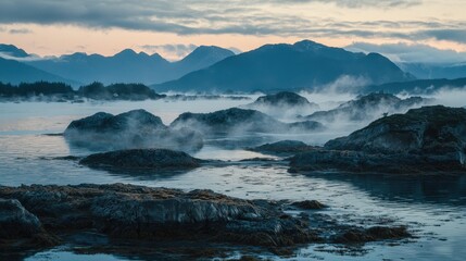 Fototapeta premium Misty Dawn Over Tranquil Archipelago with Silhouetted Mountains
