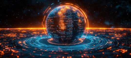 Futuristic Digital Globe with Global Network Connections Surrounded by Binary Code and Data Streams in a Cyberpunk Style