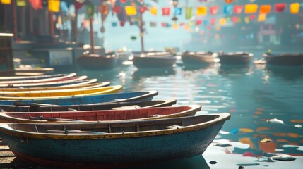 Obraz premium Colorful Wooden Boats Floating in Calm Water with Decorative Lanterns in Background at a Serene Atmosphere