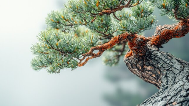 Misty mountain bonsai, pine tree detail, zen garden, tranquility