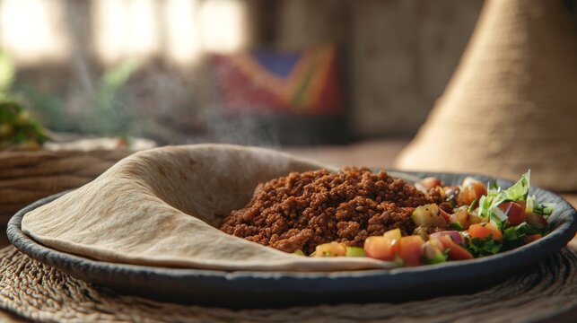 Traditional Ethiopian kitfo with injera and salad. Featuring a spicy and rich dish. Highlighting the texture and flavors of the kitfo. Ideal for food and cultural themes.