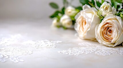 Cream roses bouquet on lace, neutral background, wedding invitation design