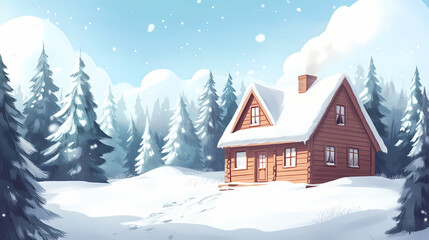 Fototapeta premium Cozy wooden cottage nestled in a snow-covered clearing surrounded by frosty pine trees. Frosted Glade. Illustration