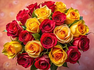 Naklejka premium Vibrant Yellow and Red Rose Bouquet Pink Background Photography, Floral Still Life, Rule of Thirds Composition, Closeup Flower Image