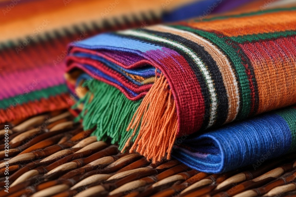 Poster colorful woven fabric with intricate patterns and textures displayed on a flat surface for crafts an