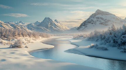 Icy river winding through snowy alpine valley with frozen banks and frost covered vegetation. Frosted Glade. Illustration