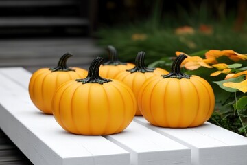 Three small pumpkins on a white wooden bench in a bright and simple outdoor setting
