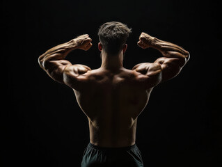 Muscular man flexing shoulders in dramatic lighting, showcasing strength