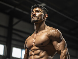 Muscular sportsman with strong arms and toned chest in gym setting