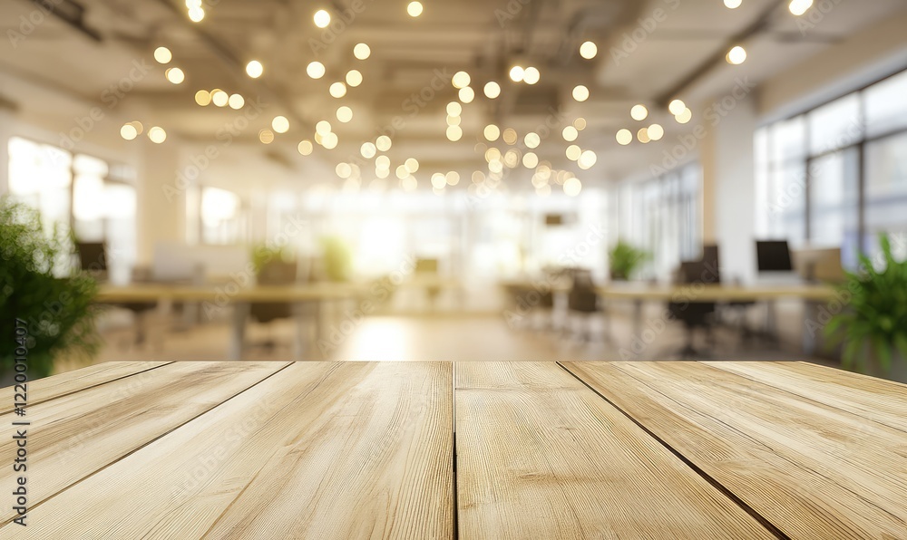 Poster empty wooden table with a blurred modern office background featuring warm lighting and greenery. ide