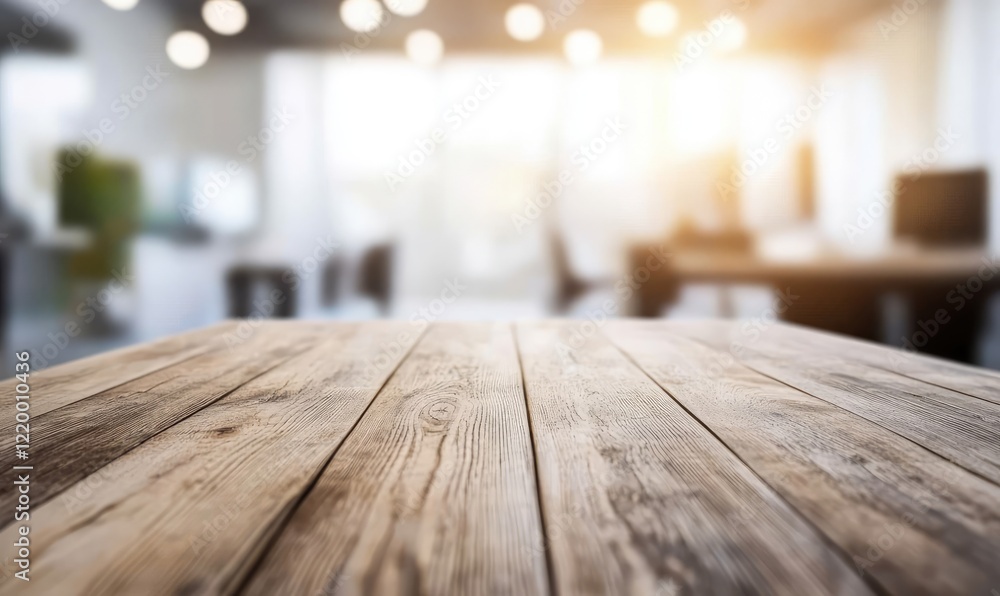 Poster rustic wooden table surface with a blurred modern office background featuring soft lighting and a wa