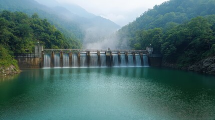 Mountain dam with cascading water, serene landscape. Illustrates hydroelectric power generation, sustainable energy.