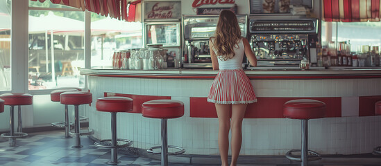 A stylish woman enjoys a retro diner atmosphere with classic decor and vibrant colors.