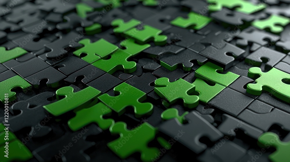 Poster a close-up view of interlocking puzzle pieces in black and green, showcasing a textured surface and 