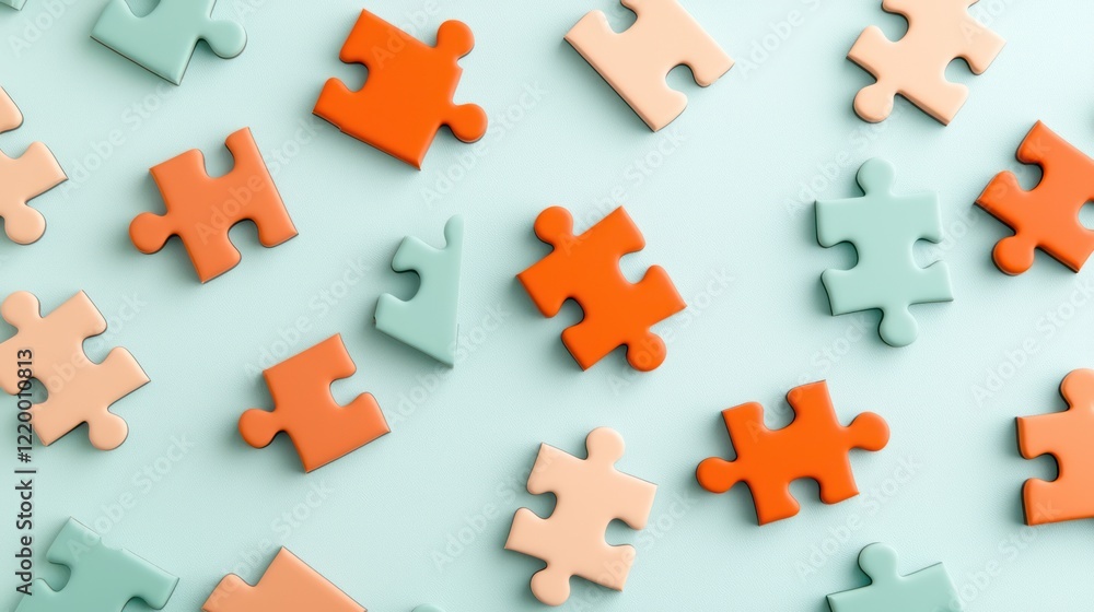 Poster a collection of colorful puzzle pieces scattered on a light background, showcasing creativity and pr