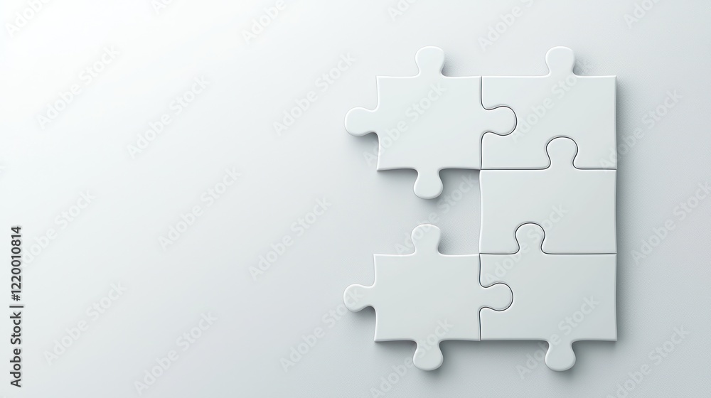 Poster a minimalistic image of four interlocking white puzzle pieces against a soft gray background, symbol