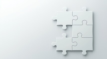Fototapeta premium A minimalistic image of four interlocking white puzzle pieces against a soft gray background, symbolizing connection and problem-solving.