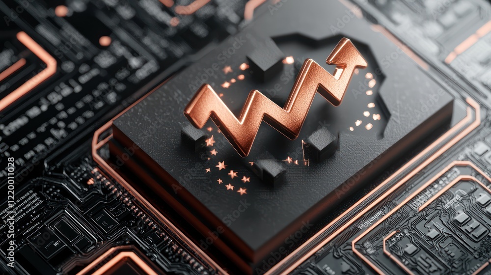 Poster a close-up of a circuit board featuring a stylized copper element, emphasizing technology and design