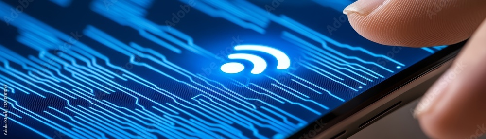 Poster closeup of finger touching fingerprint scanner on smartphone for secure mobile access