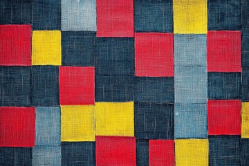 A colorful textile pattern featuring squares in red, yellow, blue, and gray.