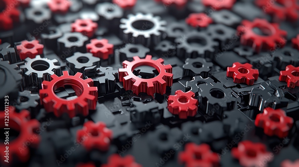 Poster a close-up view of interlocking black and red gears, showcasing intricate mechanical details in a vi