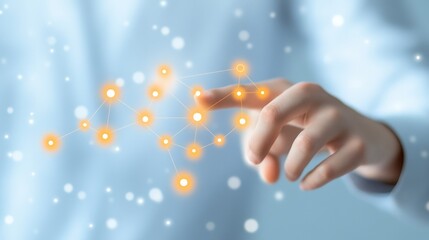 Human hand navigating a network of interconnected orange nodes, visualizing data flow and connectivity