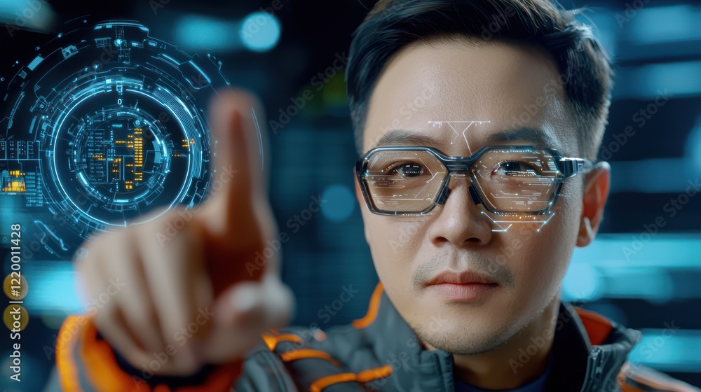 Aufkleber a focused individual interacts with a futuristic interface, showcasing advanced technology and digit