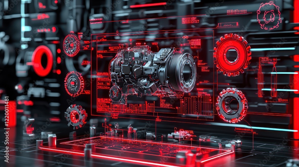 Aufkleber a futuristic digital interface showcasing a 3d engine model highlighted by red and black elements, e