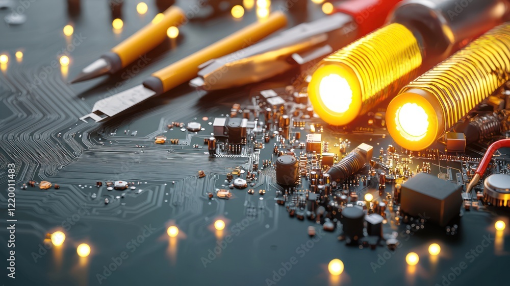Aufkleber a close-up view of a circuit board surrounded by tools and illuminated components, showcasing techno