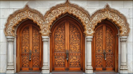 Obraz premium Ornate wooden doors, mosque entrance, city, architectural detail, travel