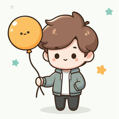 Obraz premium vector illustration of cute cartoon person holding a balloon