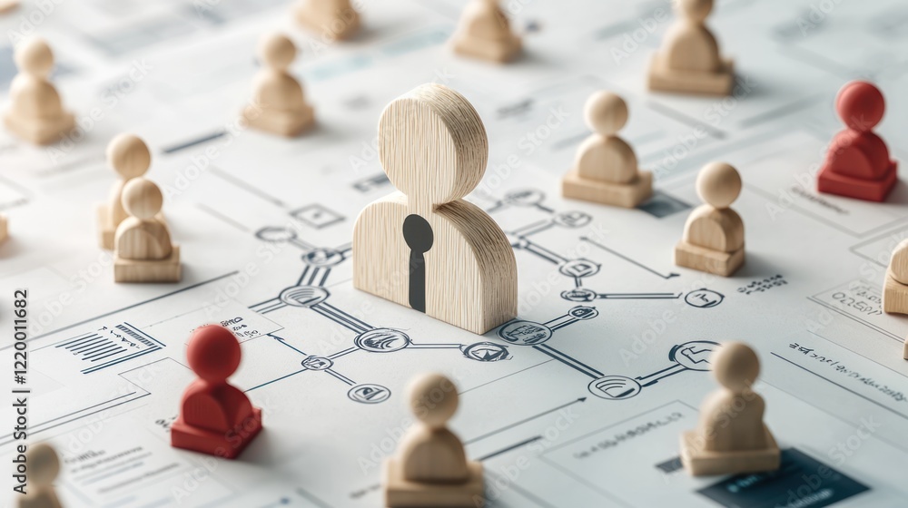 Aufkleber a wooden figure with a keyhole stands among other figures on a map-like surface, symbolizing securit