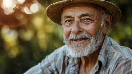Fototapeta premium Close-up of a smiling senior man wearing a straw hat.