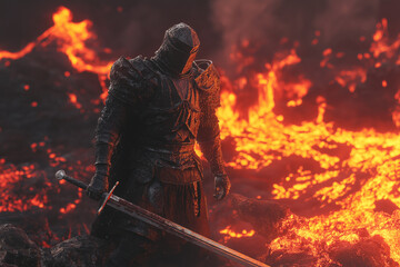 Fototapeta premium A heroic figure stands amidst a dramatic scene illuminated by fiery light, exuding strength, determination, and bravery.